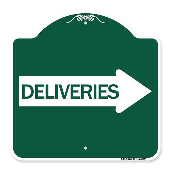 Deliveries With Right Arrow, Green & White Aluminum Architectural Sign, 18" x 18", GW-1818-24362